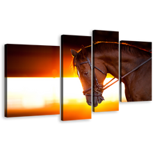 Load image into Gallery viewer, Horse Portrait Canvas Wall Art, Brown Horse Closeup 4 Piece Multi Canvas Artwork, Beautiful Horse at Orange Sunset Canvas Print
