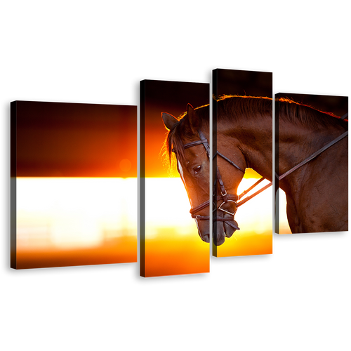 Horse Portrait Canvas Wall Art, Brown Horse Closeup 4 Piece Multi Canvas Artwork, Beautiful Horse at Orange Sunset Canvas Print