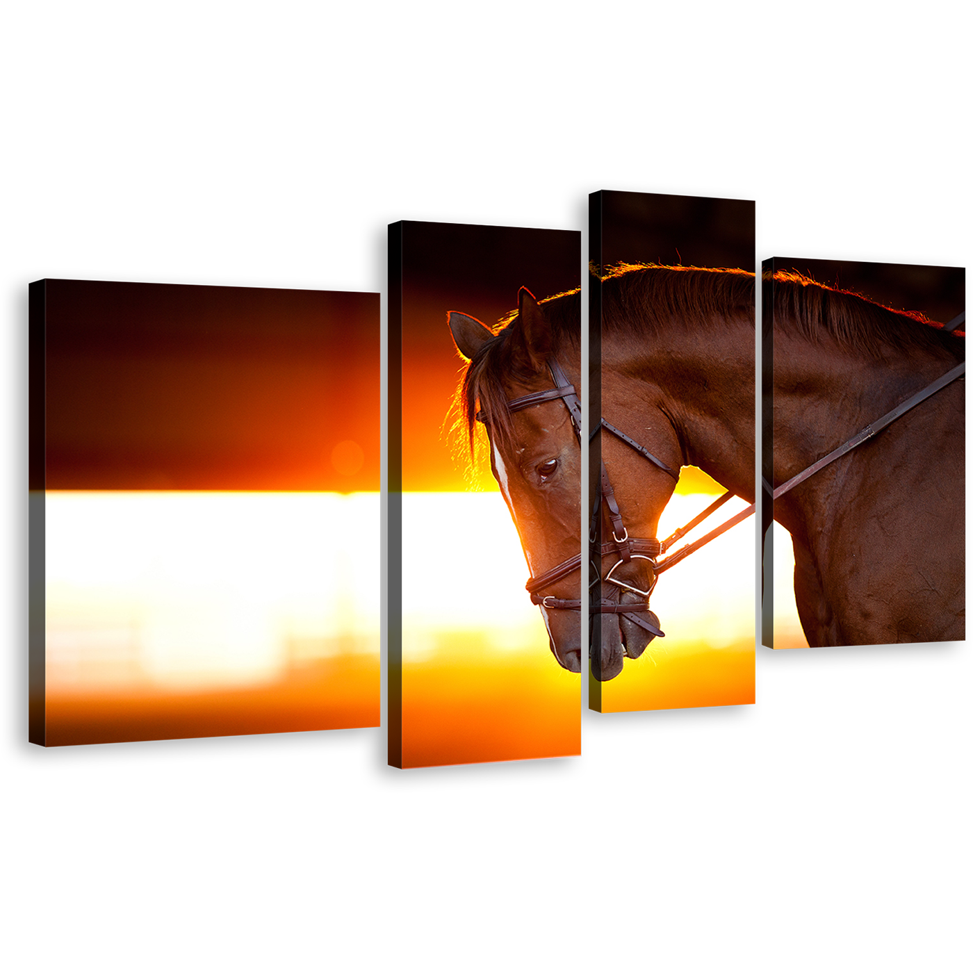 Horse Portrait Canvas Wall Art, Brown Horse Closeup 4 Piece Multi Canvas Artwork, Beautiful Horse at Orange Sunset Canvas Print