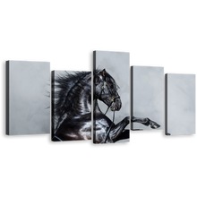 Load image into Gallery viewer, Horse Rearing Canvas Wall Art, Classic Stallion Multi Canvas Artwork, Grey Shiny Horse 5 Piece Canvas Print, Black Elegant Horse Canvas Set
