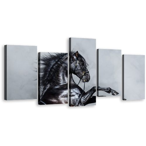 Horse Rearing Canvas Wall Art, Classic Stallion Multi Canvas Artwork, Grey Shiny Horse 5 Piece Canvas Print, Black Elegant Horse Canvas Set