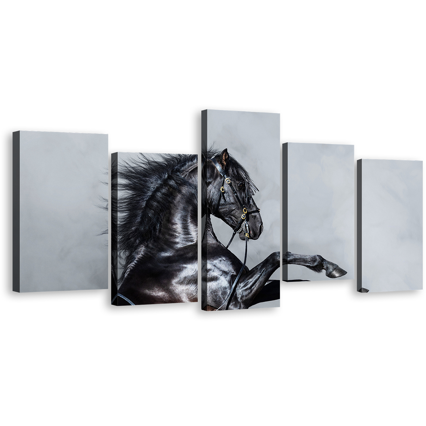 Horse Rearing Canvas Wall Art, Classic Stallion Multi Canvas Artwork, Grey Shiny Horse 5 Piece Canvas Print, Black Elegant Horse Canvas Set