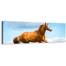 Load image into Gallery viewer, Horse Runs Canvas Print, Brown Horse in Air 1 Piece Canvas Wall Art, Blue Sky Horse Gallop Wide Canvas
