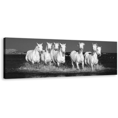 Horses Beach Canvas Print, Black and White Horses Beach 1 Piece Canvas Wall Art, Horses Herd in Water Canvas Artwork