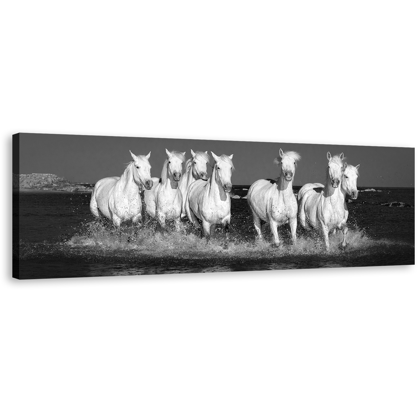 Horses Beach Canvas Print, Black and White Horses Beach 1 Piece Canvas Wall Art, Horses Herd in Water Canvas Artwork