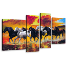 Load image into Gallery viewer, Horses Beach Canvas Wall Art, White Black Horses in Water 4 Piece Canvas Print, Orange Horses Digital Painting Canvas Set
