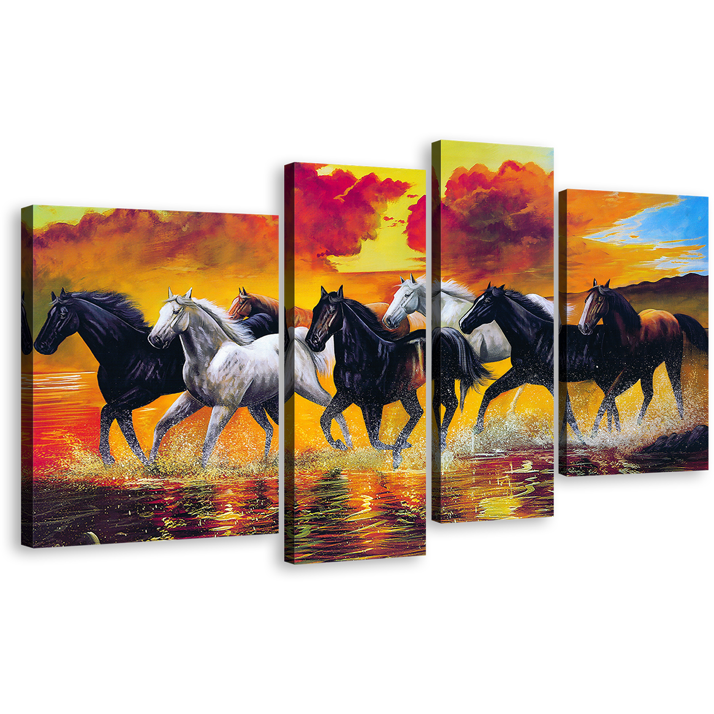 Horses Beach Canvas Wall Art, White Black Horses in Water 4 Piece Canvas Print, Orange Horses Digital Painting Canvas Set