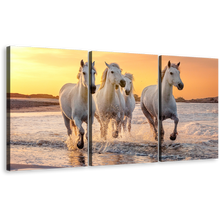 Load image into Gallery viewer, Horses Beach Canvas Wall Art, White Horses Sea 3 Piece Multiple Canvas, Horses Yellow Sunset Sky Triptych Canvas Print
