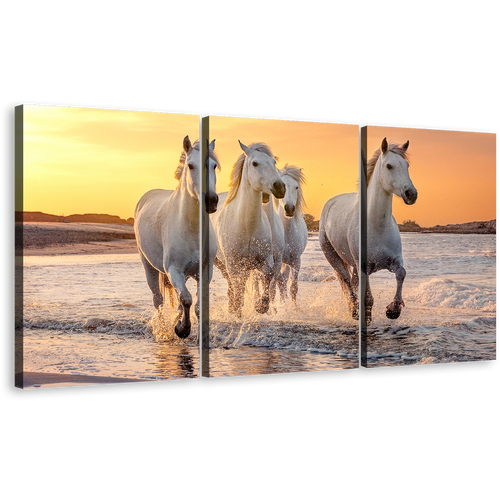 Horses Beach Canvas Wall Art, White Horses Sea 3 Piece Multiple Canvas, Horses Yellow Sunset Sky Triptych Canvas Print