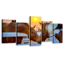 Load image into Gallery viewer, Horses Couple Canvas Wall Art, Brown White Horse in Field 5 Piece Multiple Canvas, Two Horses Friendship Canvas Wall Art
