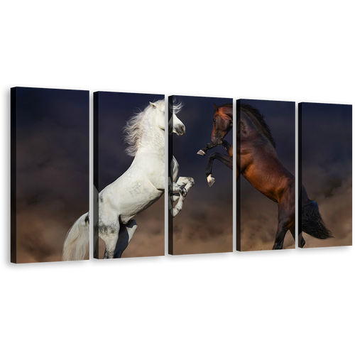 Horses Desert Canvas Wall Art, White Brown Horses Rearing 5 Piece Canvas Print, Two Horse Fight Multiple Canvas