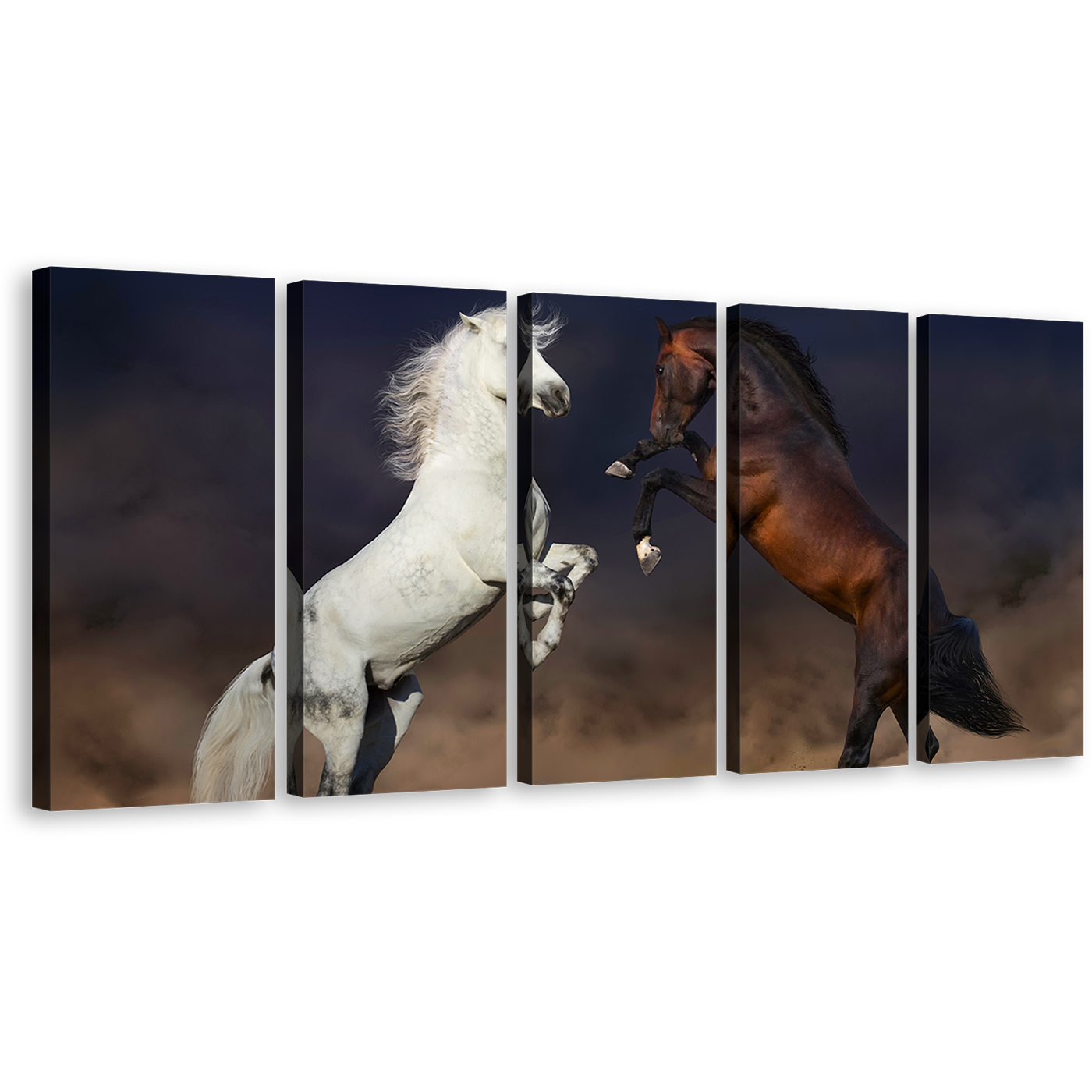 Horses Desert Canvas Wall Art, White Brown Horses Rearing 5 Piece Canvas Print, Two Horse Fight Multiple Canvas