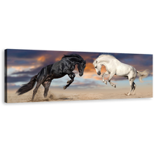 Load image into Gallery viewer, Horses Fight Canvas Wall Art, Black White Horses Rearing Panoramic Canvas Print, Horses Playing Canvas Artwork
