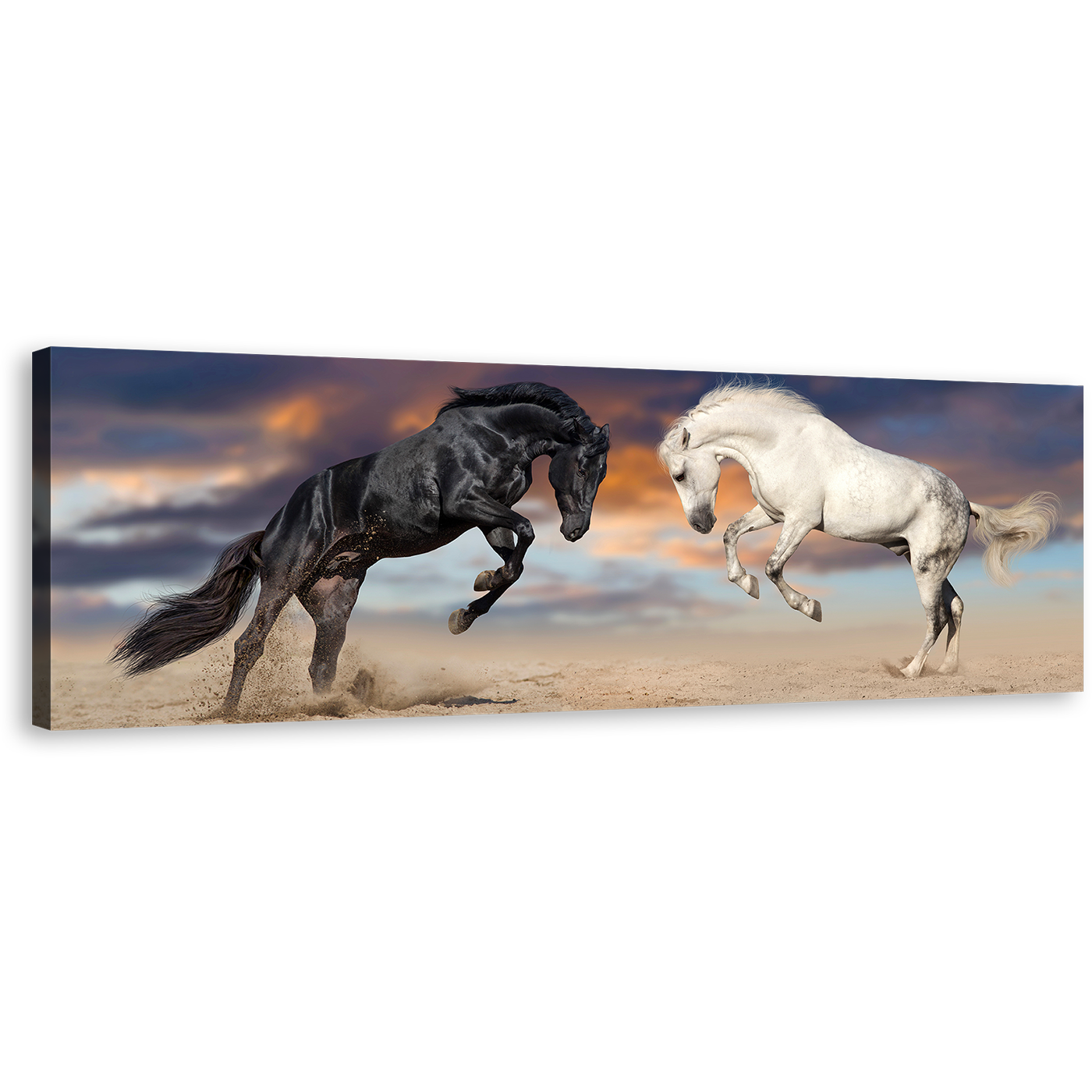 Horses Fight Canvas Wall Art, Black White Horses Rearing Panoramic Canvas Print, Horses Playing Canvas Artwork