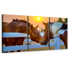 Load image into Gallery viewer, Horses Firm Canvas Print, Brown Horses Romance 3 Piece Canvas Wall Art, Horses in Yellow Sunset Canvas Artwork
