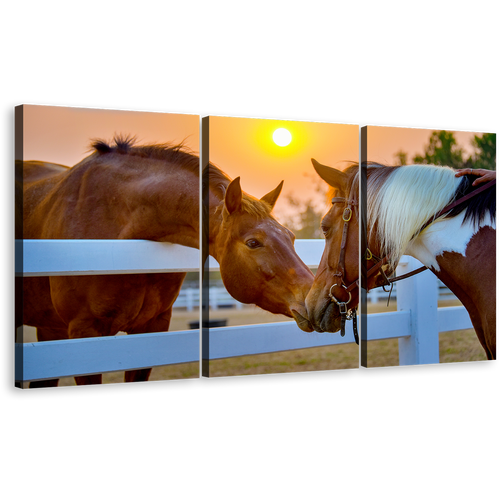 Horses Firm Canvas Print, Brown Horses Romance 3 Piece Canvas Wall Art, Horses in Yellow Sunset Canvas Artwork