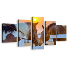 Load image into Gallery viewer, Horses Friendship Canvas Wall Art, Horse in Yellow Sunrise Nature Canvas Print, Brown White Horses in love 5 Piece Multi Canvas Artwork
