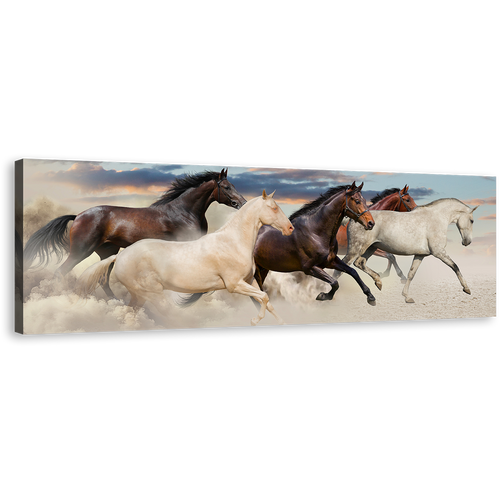 Horses Galloping Canvas Wall Art, Five Running Horses Canvas Print, Herd of Brown White Horses 1 Piece Canvas Artwork