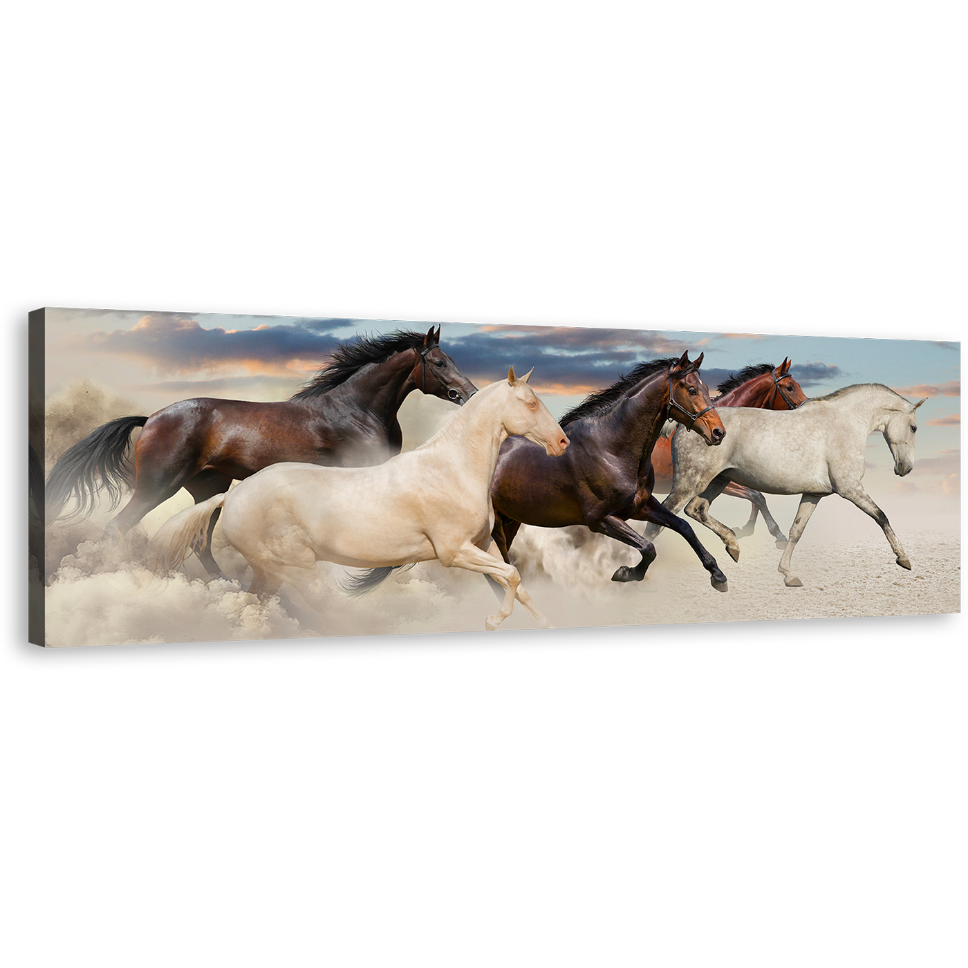 Horses Galloping Canvas Wall Art, Five Running Horses Canvas Print, Herd of Brown White Horses 1 Piece Canvas Artwork