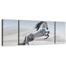 Load image into Gallery viewer, Horses Galloping Canvas Wall Art, Grey Horse in Air 3 Piece Canvas Print, White Horse in White Dust Triptych Multi Canvas Artwork
