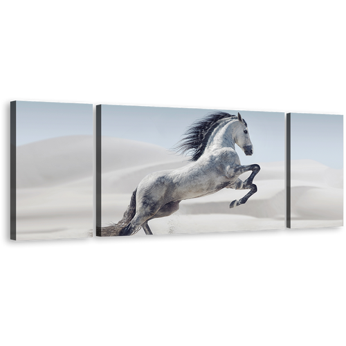 Horses Galloping Canvas Wall Art, Grey Horse in Air 3 Piece Canvas Print, White Horse in White Dust Triptych Multi Canvas Artwork