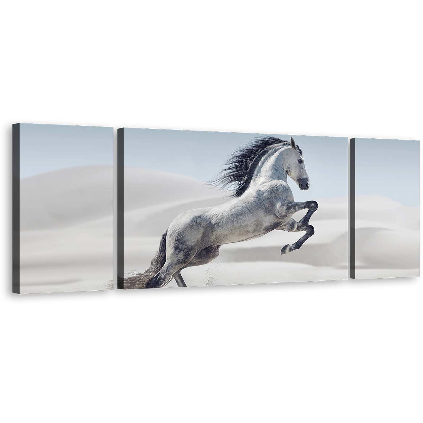 Horses Galloping Canvas Wall Art, Grey Horse in Air 3 Piece Canvas Print, White Horse in White Dust Triptych Multi Canvas Artwork