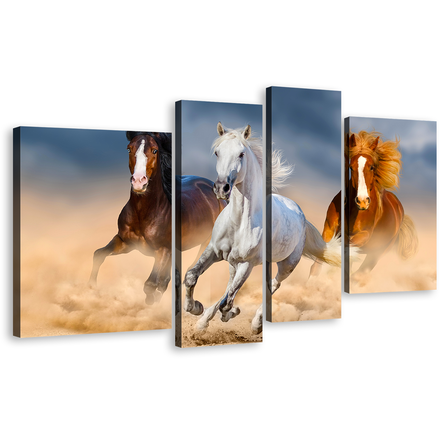 Horses Galloping Canvas Wall Art, Group of Horses in Desert Canvas Print, Herd of Black Brown Horses 4 Piece Multi Canvas