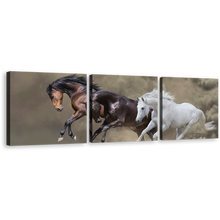 Load image into Gallery viewer, Horses Galloping Canvas Wall Art, Three Horses Dust Multiple Canvas, Brown White Black Horses 3 Piece Canvas Print
