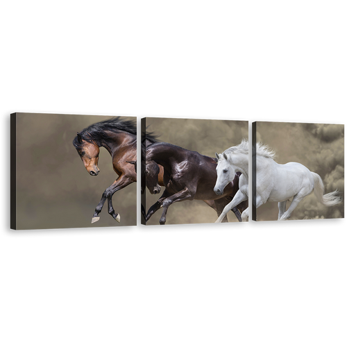 Horses Galloping Canvas Wall Art, Three Horses Dust Multiple Canvas, Brown White Black Horses 3 Piece Canvas Print