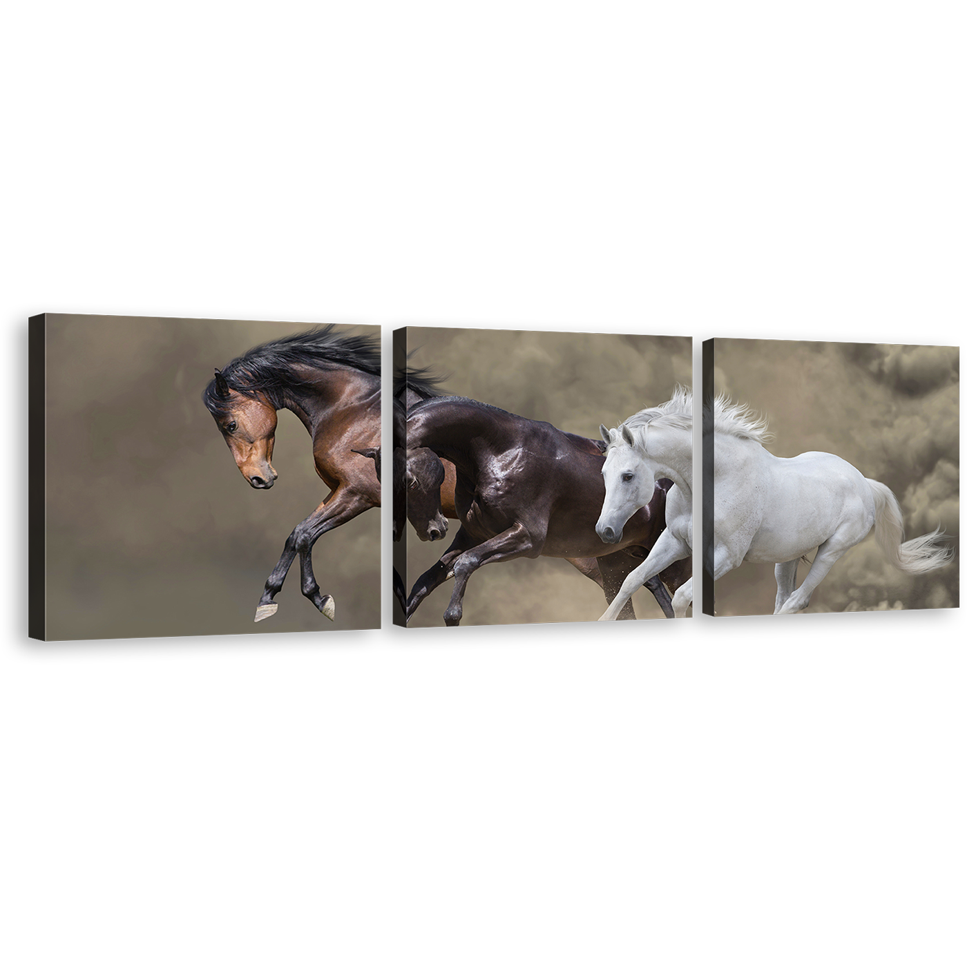 Horses Galloping Canvas Wall Art, Three Horses Dust Multiple Canvas, Brown White Black Horses 3 Piece Canvas Print