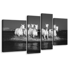 Load image into Gallery viewer, Horses Galloping Canvas Wall Art, White Horses Herd in Water 4 Piece Multiple Canvas, Grey Horses Dark Background Canvas Print
