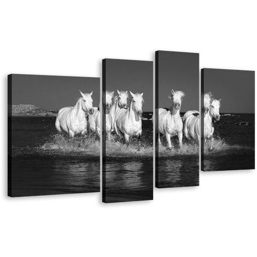 Horses Galloping Canvas Wall Art, White Horses Herd in Water 4 Piece Multiple Canvas, Grey Horses Dark Background Canvas Print