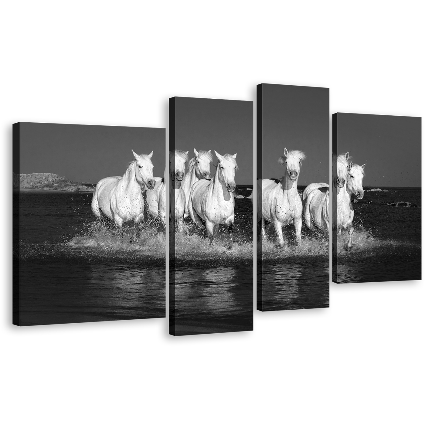 Horses Galloping Canvas Wall Art, White Horses Herd in Water 4 Piece Multiple Canvas, Grey Horses Dark Background Canvas Print