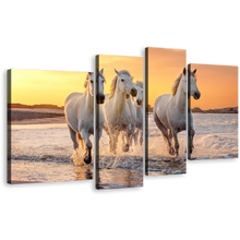 Load image into Gallery viewer, Horses Heard Canvas Print, Yellow Sunset Horses Beach 4 Piece Canvas Wall Art, White Horses Freedom Canvas Set
