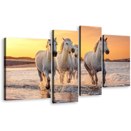 Horses Heard Canvas Print, Yellow Sunset Horses Beach 4 Piece Canvas Wall Art, White Horses Freedom Canvas Set