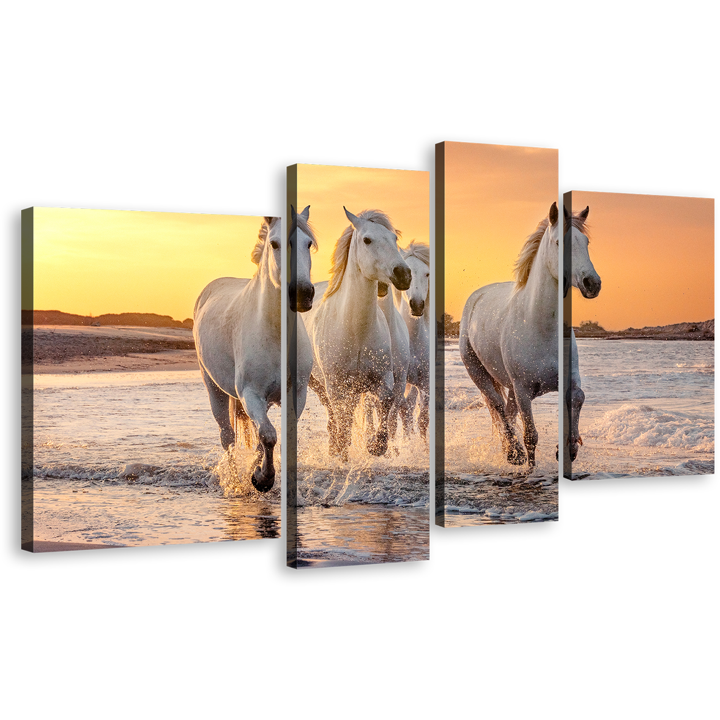 Horses Heard Canvas Print, Yellow Sunset Horses Beach 4 Piece Canvas Wall Art, White Horses Freedom Canvas Set