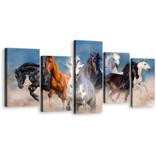 Load image into Gallery viewer, Horses Herd Canvas Print, Horses White Sand Multiple Canvas, Black Brown Wild Horses 5 Piece Canvas Wall Art
