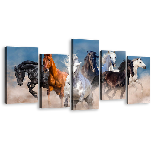 Horses Herd Canvas Print, Horses White Sand Multiple Canvas, Black Brown Wild Horses 5 Piece Canvas Wall Art