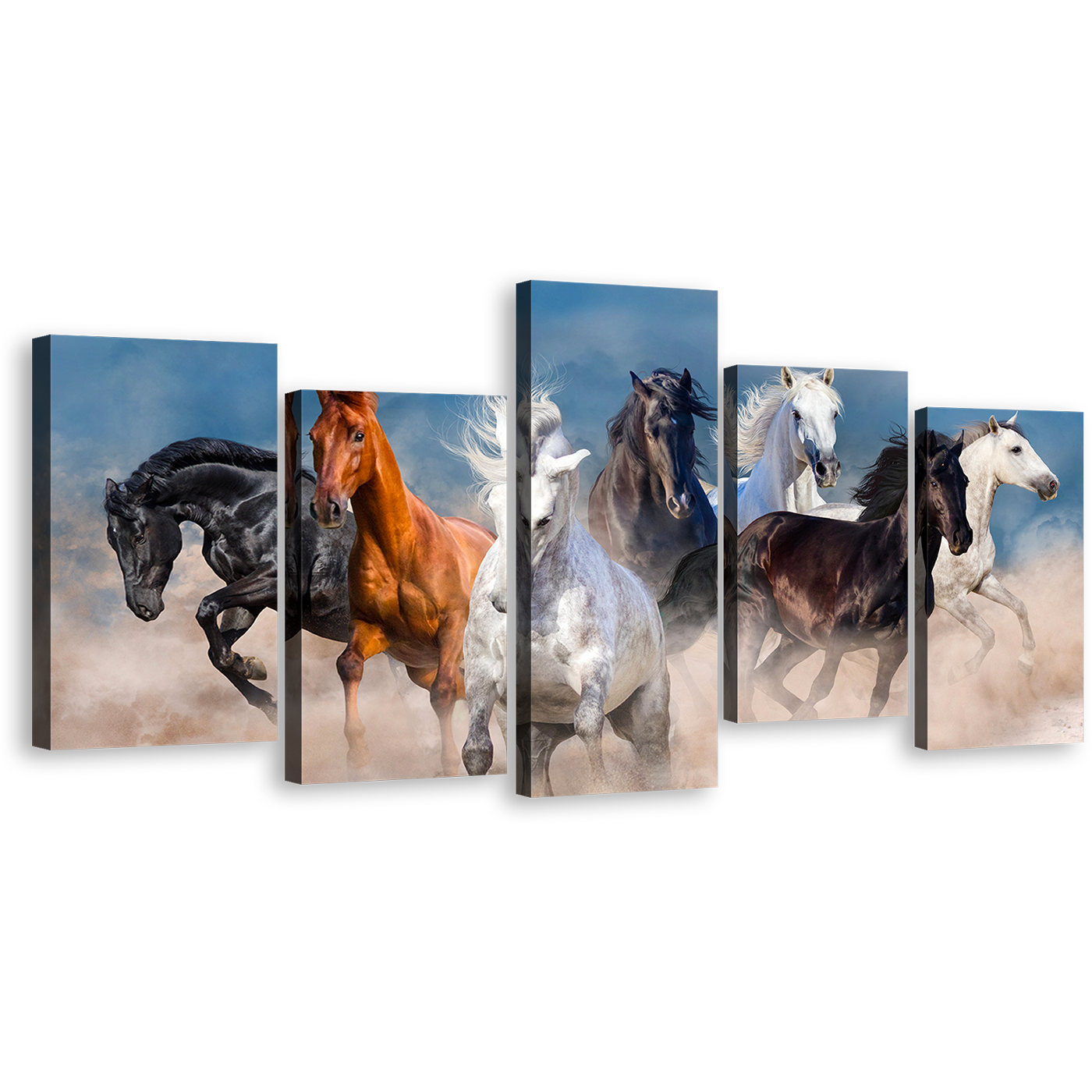 Horses Herd Canvas Print, Horses White Sand Multiple Canvas, Black Brown Wild Horses 5 Piece Canvas Wall Art