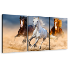 Load image into Gallery viewer, Horses Herd Canvas Print, White Horse Running Dust 3 Piece Canvas Wall Art, Brown Horses Gallop in Desert Triptych Canvas Set
