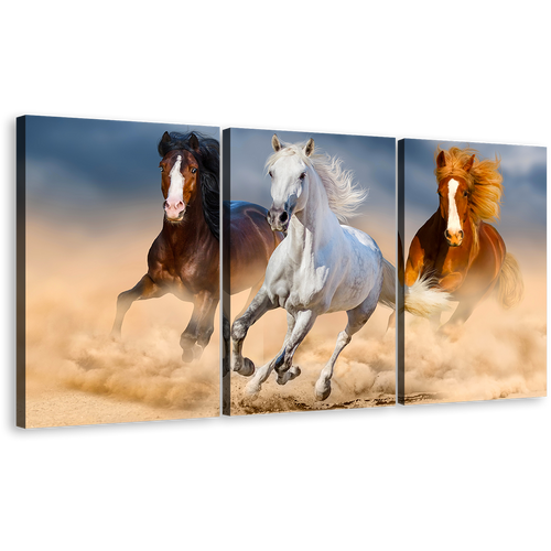 Horses Herd Canvas Print, White Horse Running Dust 3 Piece Canvas Wall Art, Brown Horses Gallop in Desert Triptych Canvas Set