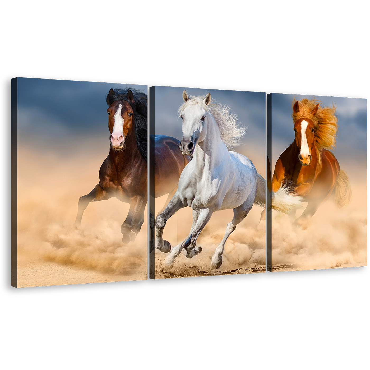 Horses Herd Canvas Print, White Horse Running Dust 3 Piece Canvas Wall Art, Brown Horses Gallop in Desert Triptych Canvas Set