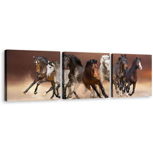 Horses Herd Canvas Wall Art, Animal Run In Sky Desert 3 Piece Canvas Print,  Black White Brown Horses Running Triptych Canvas Print