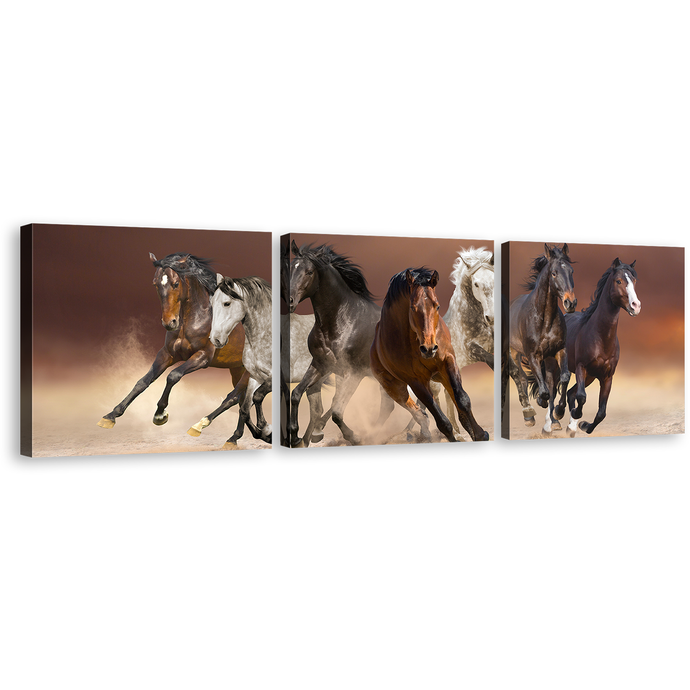 Horses Herd Canvas Wall Art, Animal Run In Sky Desert 3 Piece Canvas Print,  Black White Brown Horses Running Triptych Canvas Print