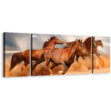 Load image into Gallery viewer, Horses Herd Canvas Wall Art, Horses Grey Sky Sand 3 Piece Canvas Set, Brown Fast Horses Triptych Canvas Print
