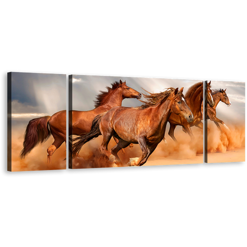 Horses Herd Canvas Wall Art, Horses Grey Sky Sand 3 Piece Canvas Set, Brown Fast Horses Triptych Canvas Print