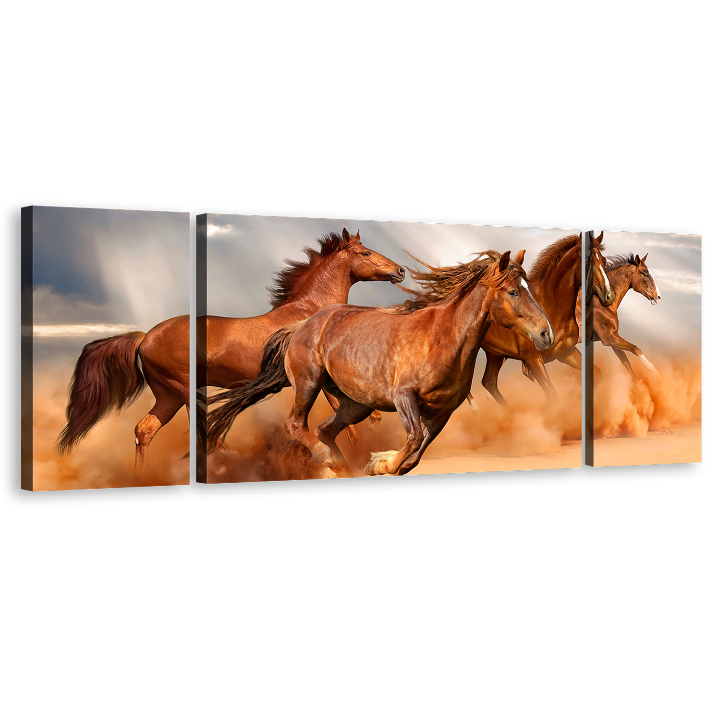 Horses Herd Canvas Wall Art, Horses Grey Sky Sand 3 Piece Canvas Set, Brown Fast Horses Triptych Canvas Print