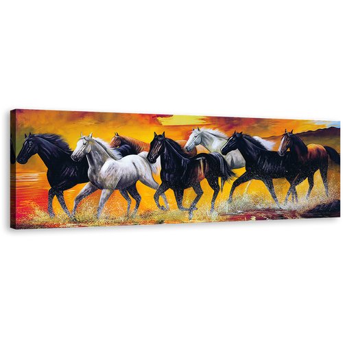 Horses Herd Canvas Wall Art, Orange Horses Digital Painting 1 Piece Canvas, White Black Horses Splashes Water Canvas Print