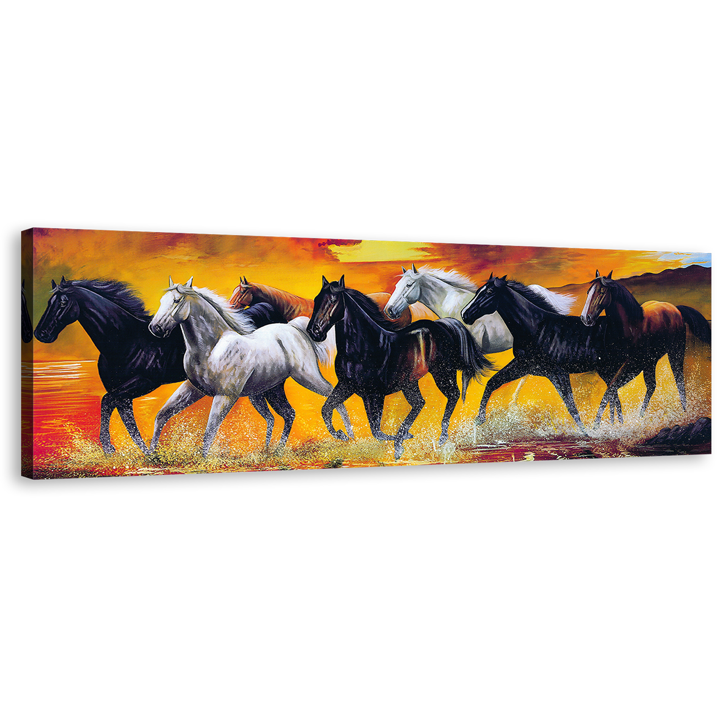 Horses Herd Canvas Wall Art, Orange Horses Digital Painting 1 Piece Canvas, White Black Horses Splashes Water Canvas Print