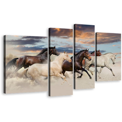 Horses Herd Canvas Wall Art, White Brown Horses Galloping 4 Piece Canvas Print, Five Running Horses Multiple Canvas